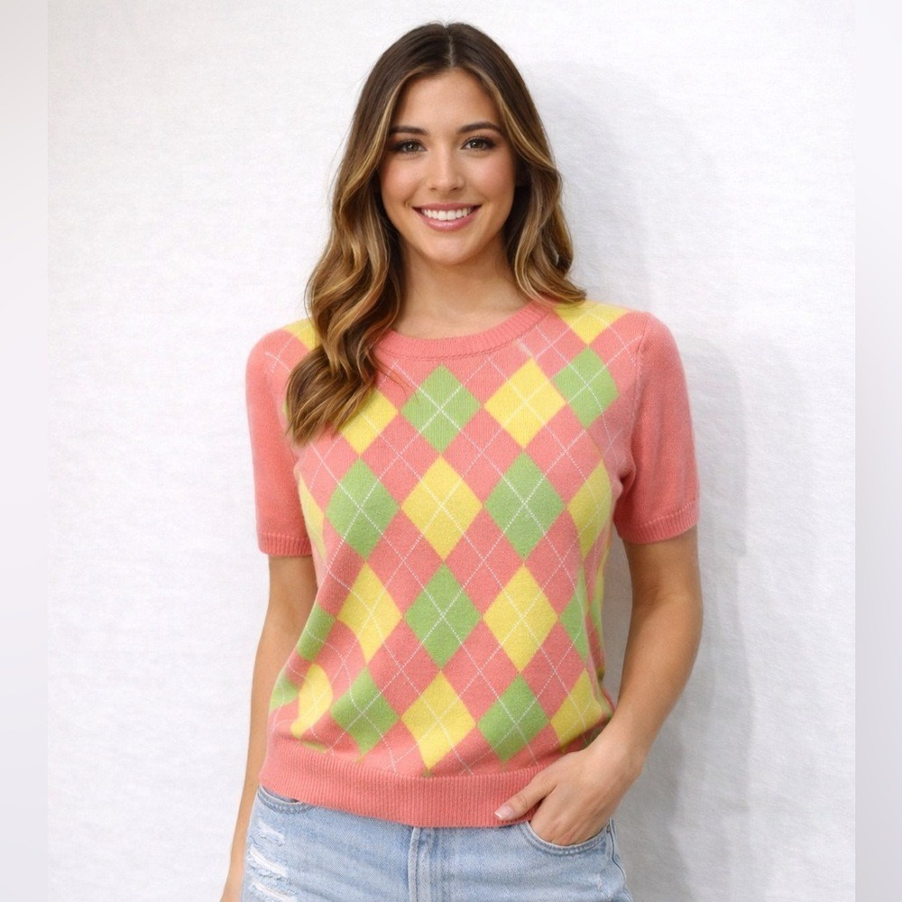 Brooks Brothers Pink Yellow Green Argyle Short Sleeve Sweater Top